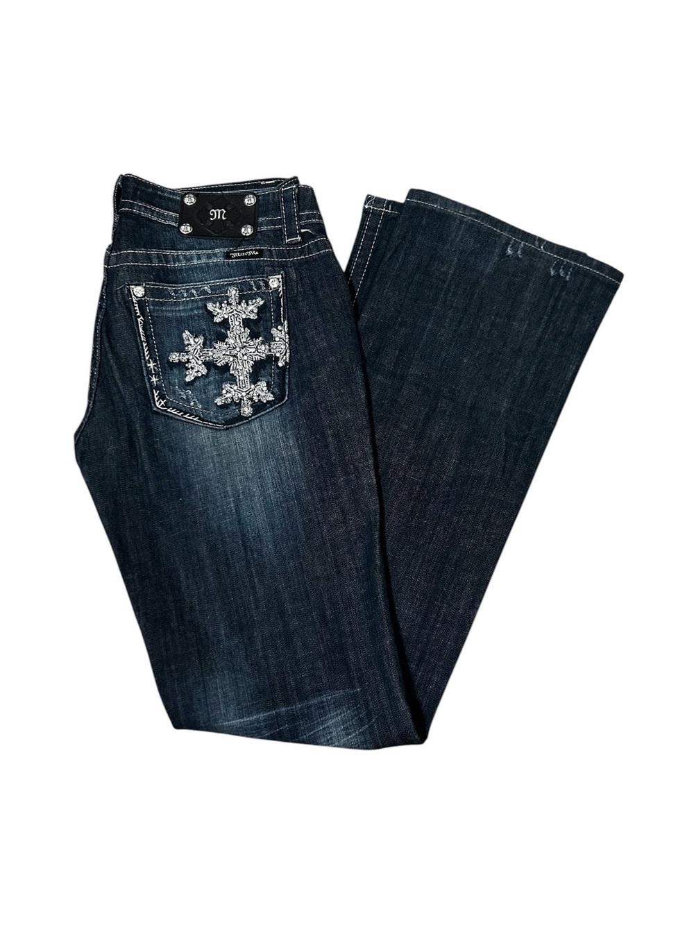 Miss Me Bootcut Rhinestone Pockets Denim Jeans Size 31 Cross Snowflake Pattern